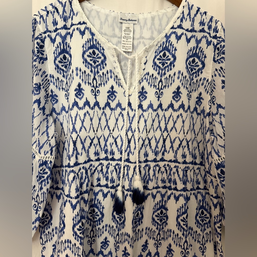 Tommy Bahama Women’s Ikat Print Swim Cover Up Dress 100% Cotton Navy White - XL - Picture 4 of 13